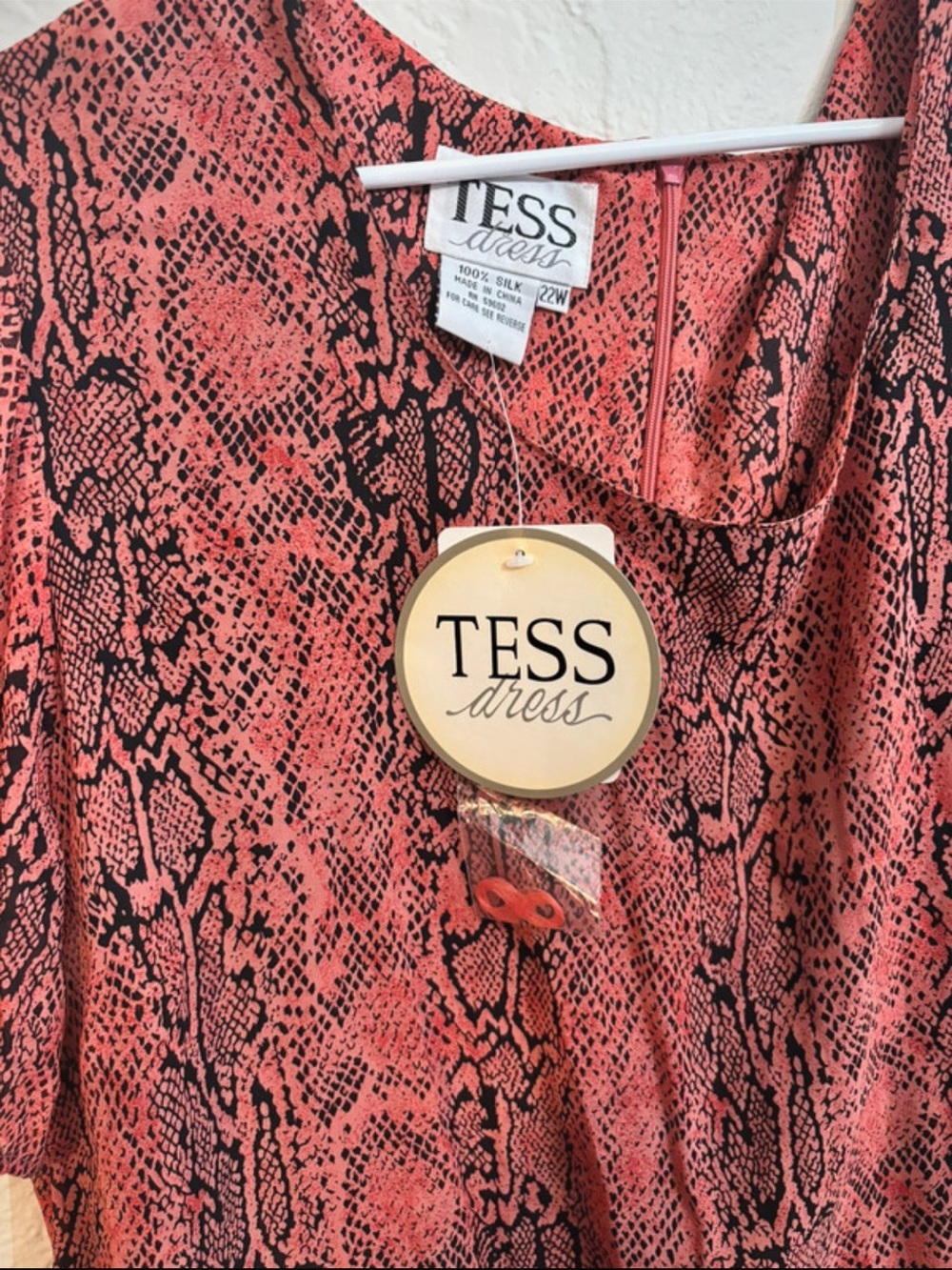 TESS Dress 100% Silk Snake Print Overlay Dress Plus Size 22W Coral Black NWT